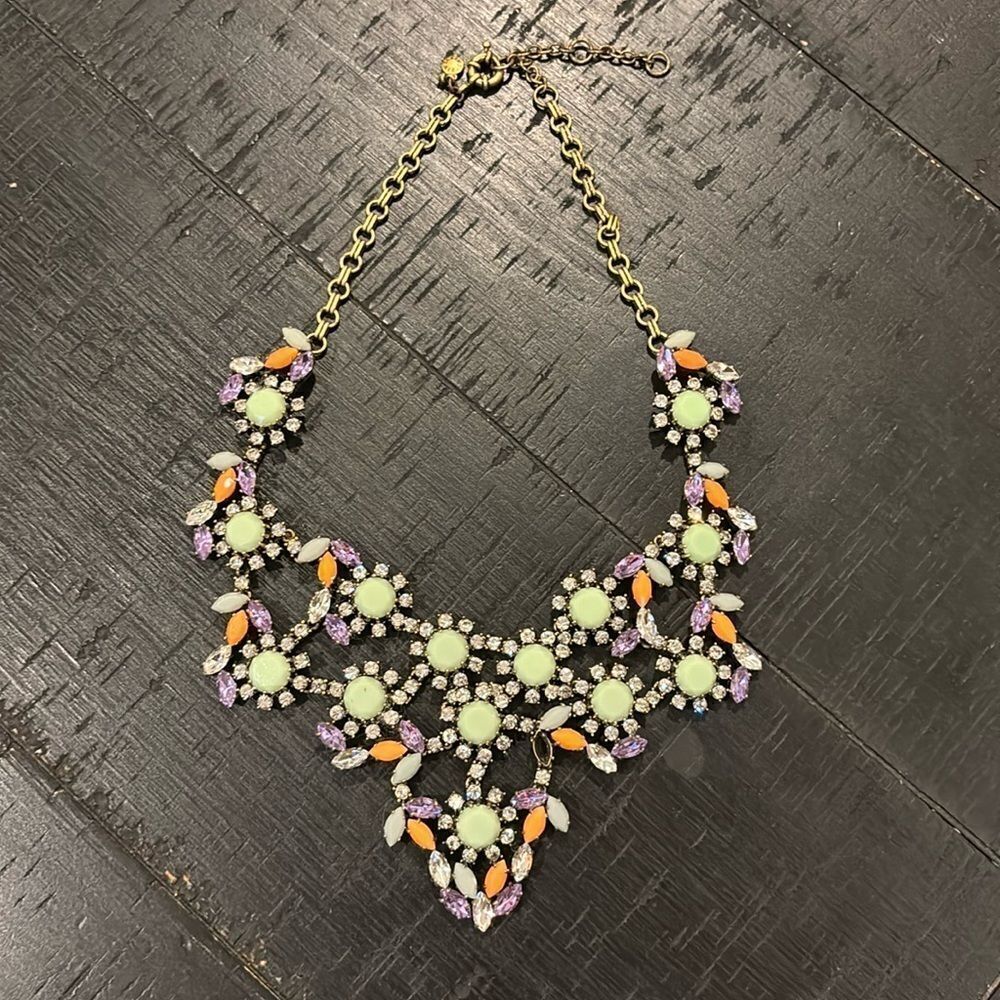 J. Crew Gold Tone Bib Style Pastel Rhinestone Statement Necklace Floral